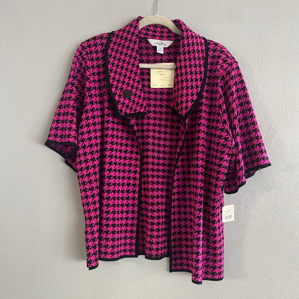 Ming Wang Knit Sweater Cardigan Size 0X Houndstooth Pink Black Short Sleeve